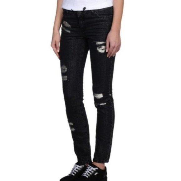 Karl Lagerfeld Mid Rise Black Metallic Rip Women Skinny Jeans - Picture 1 of 15